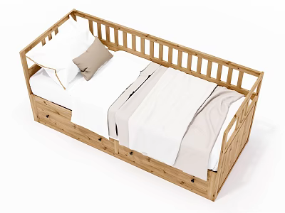 Wooden Single Bed with Railings White Mattress Bedding and Storage Drawers Below 3d model