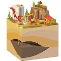 Cartoon Style Oil Mining Scene Featuring Pumpjack Oil Tank Small Building Layered Ground Underground Trees