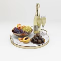 Fresh Peaches Green Purple Grapes Chocolates On Marble Table With Metal Bowl And Wine Glasses