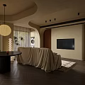 Modern Dining and Living Room Interior With White Sofa Patterned Rug and Wooden Flooring