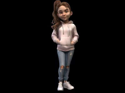 Game Movie Character Girl in Pink Hoodie with Ripped Jeans White Sneakers and Ponytail 3d model
