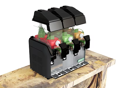 Black Beverage Dispenser With Red Green Orange Drinks On Wooden Countertop 3d model