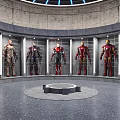 Modern Marvel Cinematic Universe Showroom With Avengers Figures And Display Shelves Blue Lighting