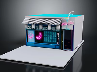 Cartoon Shop Scene With Blue Roof Awning Neon Moon Sign And Pink Drink Logo 3d model