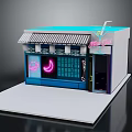 Cartoon Shop Scene With Blue Roof Awning Neon Moon Sign And Pink Drink Logo