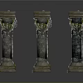 Various Stone Columns Adorned with Green Vines and Vintage Design Elements 3d model