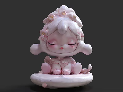 Cute Pink Girl Sculpture With Flower Decorations Sitting On Base 3d model