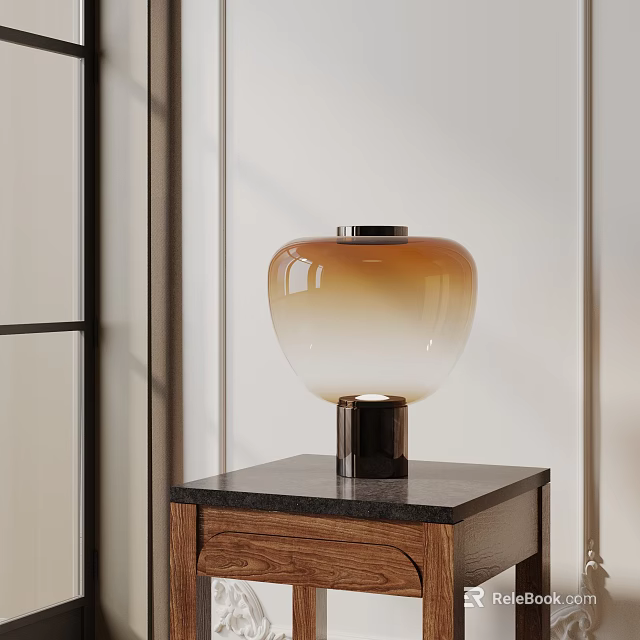 Modern Minimalist Table Lamp With Amber Gradient Glass Shade And Black Base On Wooden Cabinet 3d model 