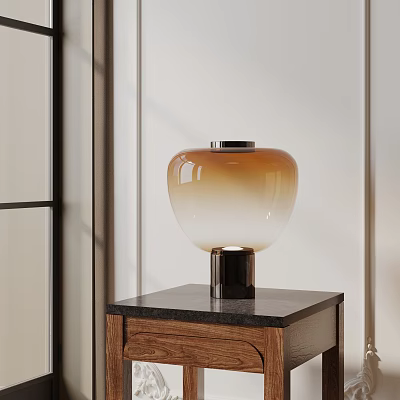 Modern Minimalist Table Lamp With Amber Gradient Glass Shade And Black Base On Wooden Cabinet 3d model
