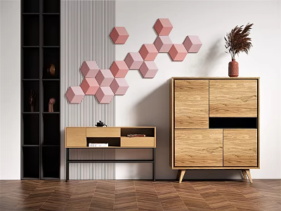 Light Wood Decorative Cabinet With Side Cabinet And Pink Hexagonal Wall Decor On Herringbone Floor 3d model