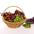 Wicker Basket Filled With Fresh Green And Purple Grapes And Plate
