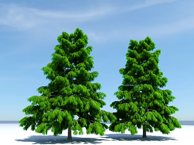 Two Green Trees Standing In Snowy Ground With Clear Blue Sky Background 3d model