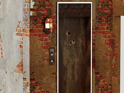 Vintage Wall Lamp Mounted On Red Brick Wall Next To Rustic Wooden Door 3d model