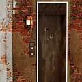 Vintage Wall Lamp Mounted On Red Brick Wall Next To Rustic Wooden Door