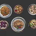 Assorted Chinese Food Dishes Including Noodles Steamed Dumplings And Vegetables In Bamboo Containers