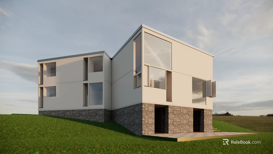 Modern Residential Building With Glass Windows And Stone Base On Green Lawn 3d model 