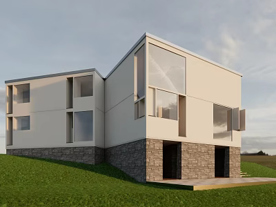 Modern Residential Building With Glass Windows And Stone Base On Green Lawn 3d model