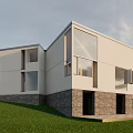 Modern Residential Building With Glass Windows And Stone Base On Green Lawn