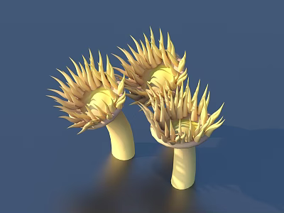 Three Yellow Spiky Artistic Structures Showcasing Pointed Tops On Blue Background 3d model