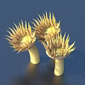 Three Yellow Spiky Artistic Structures Showcasing Pointed Tops On Blue Background