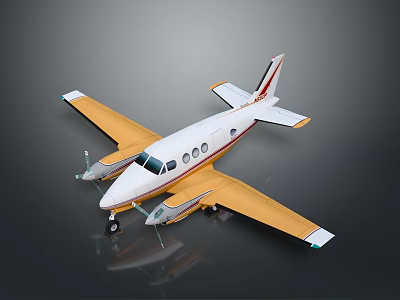 Small White and Yellow Airplane with Twin Propellers Windows Landing Gear on Dark Background 3d model