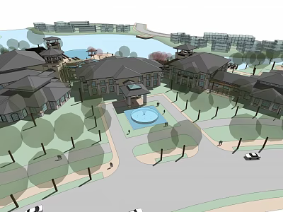 European Style Architecture Complex With Central Fountain Surrounding Trees And Scenic Paths 3d model