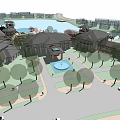 European Style Architecture Complex With Central Fountain Surrounding Trees And Scenic Paths