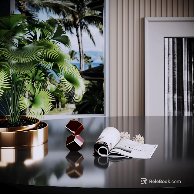 Potted Bonsai Plant In Brass Pot With Geometric Decor Open Magazine Modern Interior 3d model 