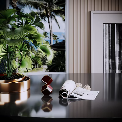 Potted Bonsai Plant In Brass Pot With Geometric Decor Open Magazine Modern Interior 3d model