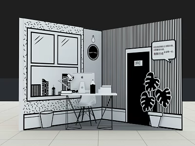 Black And White Themed Photo Spot With Wall Decor Desk Chair And Plants 3d model
