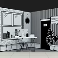 Black And White Themed Photo Spot With Wall Decor Desk Chair And Plants