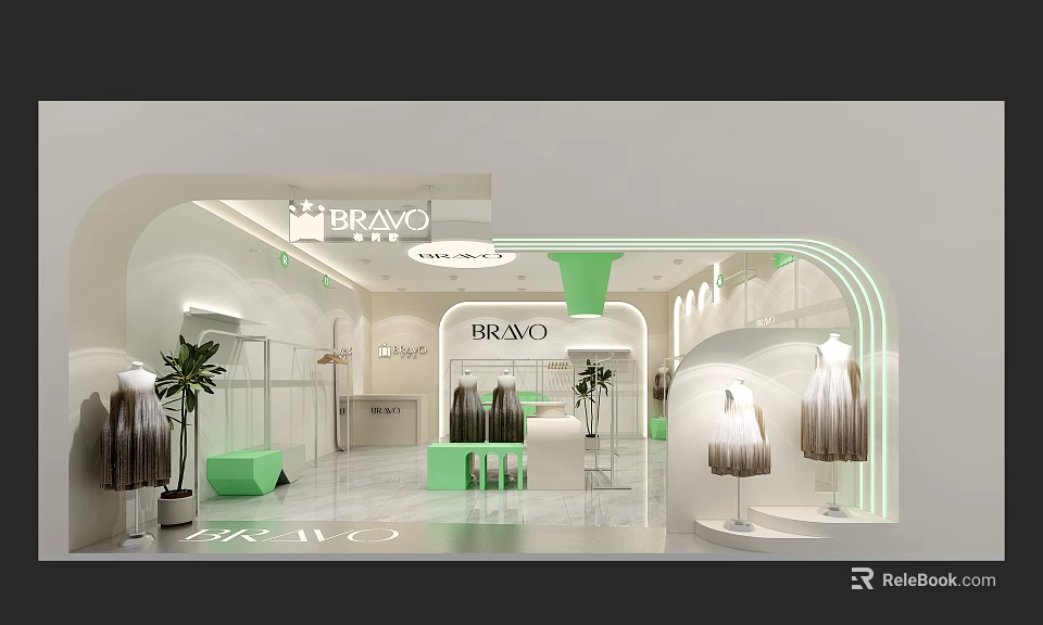 BRAVO Clothing Store Interior Design With Green Accents And Fashion Displays 3d model 