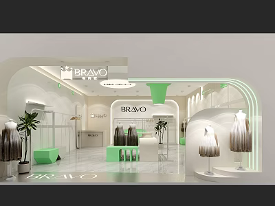 BRAVO Clothing Store Interior Design With Green Accents And Fashion Displays 3d model