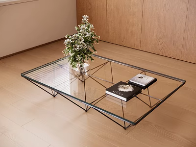 Modern Glass Coffee Table with Metal Frame Flower Vase and Books on Wooden Floor 3d model