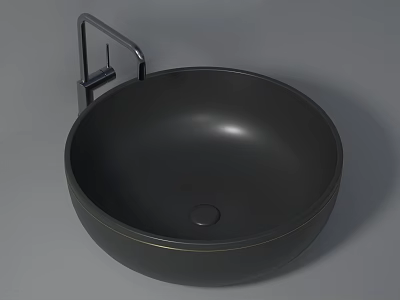 Black Round Wash Basin With Modern Chrome Faucet And Sleek Design 3d model