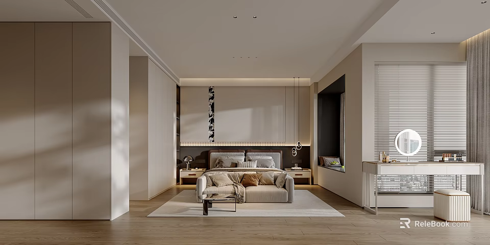 Elegant Modern Bedroom Interior With Beige Bed Multiple Pillows Bedside Tables And Blinds 3d model 