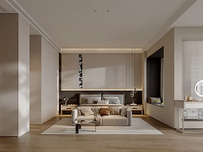 Elegant Modern Bedroom Interior With Beige Bed Multiple Pillows Bedside Tables And Blinds 3d model