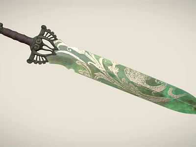 Decorative Green Sword With Intricate Silver Floral Patterns And Ornate Hilt 3d model