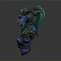 Fantasy Character Bust with Purple Skin Blue Markings Green Horns Pointed Ears and Shoulder Armor
