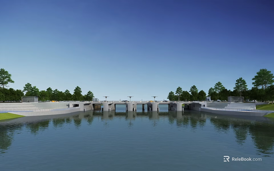 Modern Landscape Bridge Spanning Over Calm Water With Green Trees And Reflection 3d model