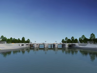 Modern Landscape Bridge Spanning Over Calm Water With Green Trees And Reflection 3d model