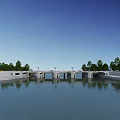 Modern Landscape Bridge Spanning Over Calm Water With Green Trees And Reflection 3d model