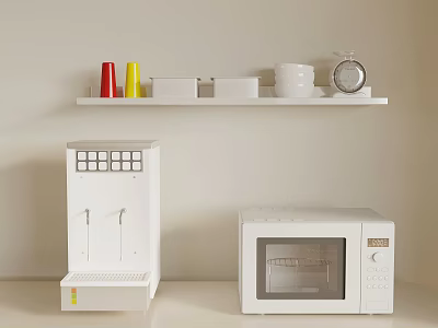 White Kitchen Shelf With Red Yellow Cups White Dishes Timer Microwave And Water Dispenser 3d model