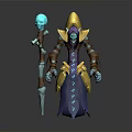 Woman Wizard Character With Blue Skin Golden Helmet Purple Robe And Skull Staff