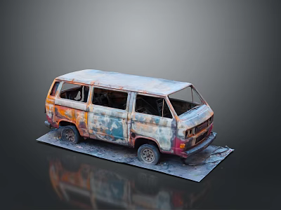 Old Rusty Van With Colorful Graffiti On Gray Platform Dark Background 3d model