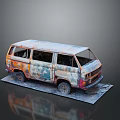 Old Rusty Van With Colorful Graffiti On Gray Platform Dark Background 3d model