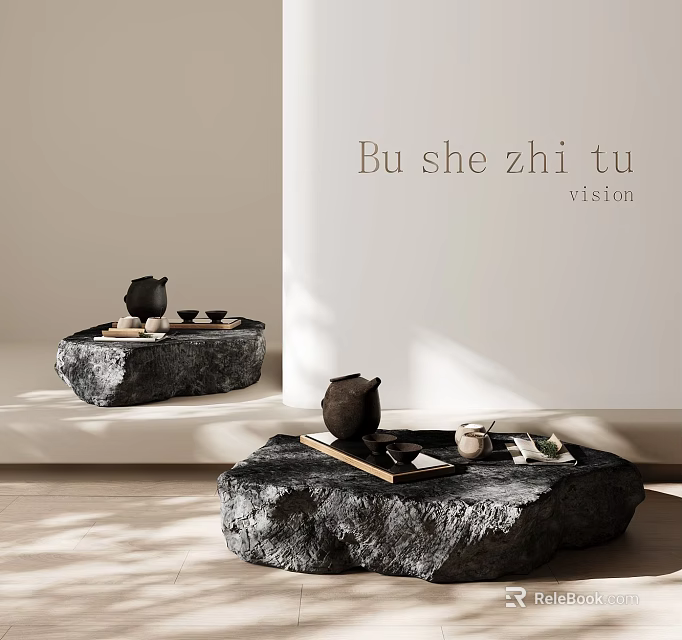 Textured Stone Coffee Table With Teapot Teacups And Wooden Tray In Minimalist Interior 3d model 