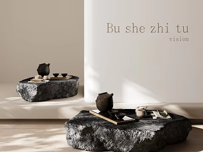 Textured Stone Coffee Table With Teapot Teacups And Wooden Tray In Minimalist Interior 3d model