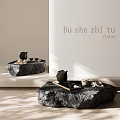 Textured Stone Coffee Table With Teapot Teacups And Wooden Tray In Minimalist Interior