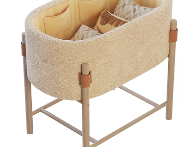 Beige Soft Padded Baby Crib With Sturdy Wooden Legs And Decorative Pillows 3d model
